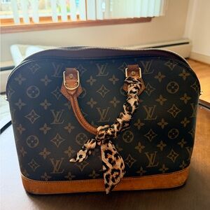 Louis Vuitton Brown Monogram Alma Satchel with Leopard Scarf Accent